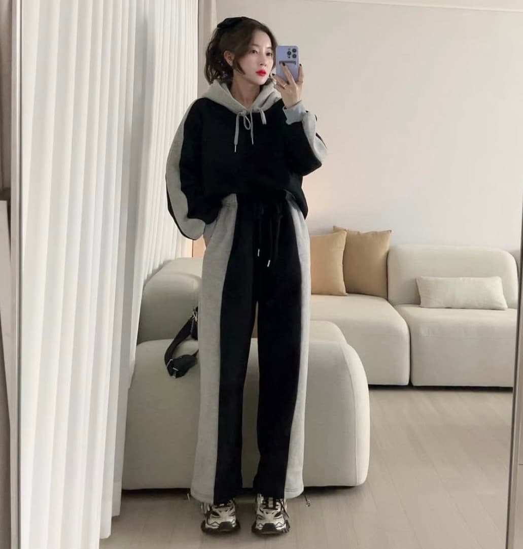 털이 있는 한국 chic 가을 겨울 품격 루즈핏 배색 긴팔 후드 티 스웨터 하이웨이스트 캐주얼 바지 긴 바지 세트 상세 이미지 3