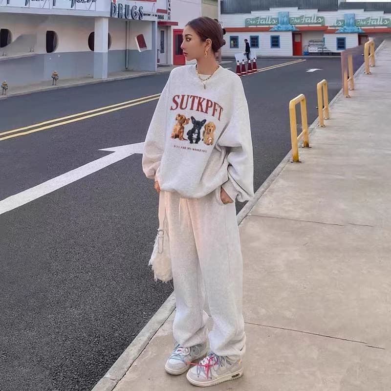 봄 가을 패션 세트 여성 루즈핏 운동복 외국 가스 라운드 넥 후드티 조거 바지 캐주얼 투피스 세트