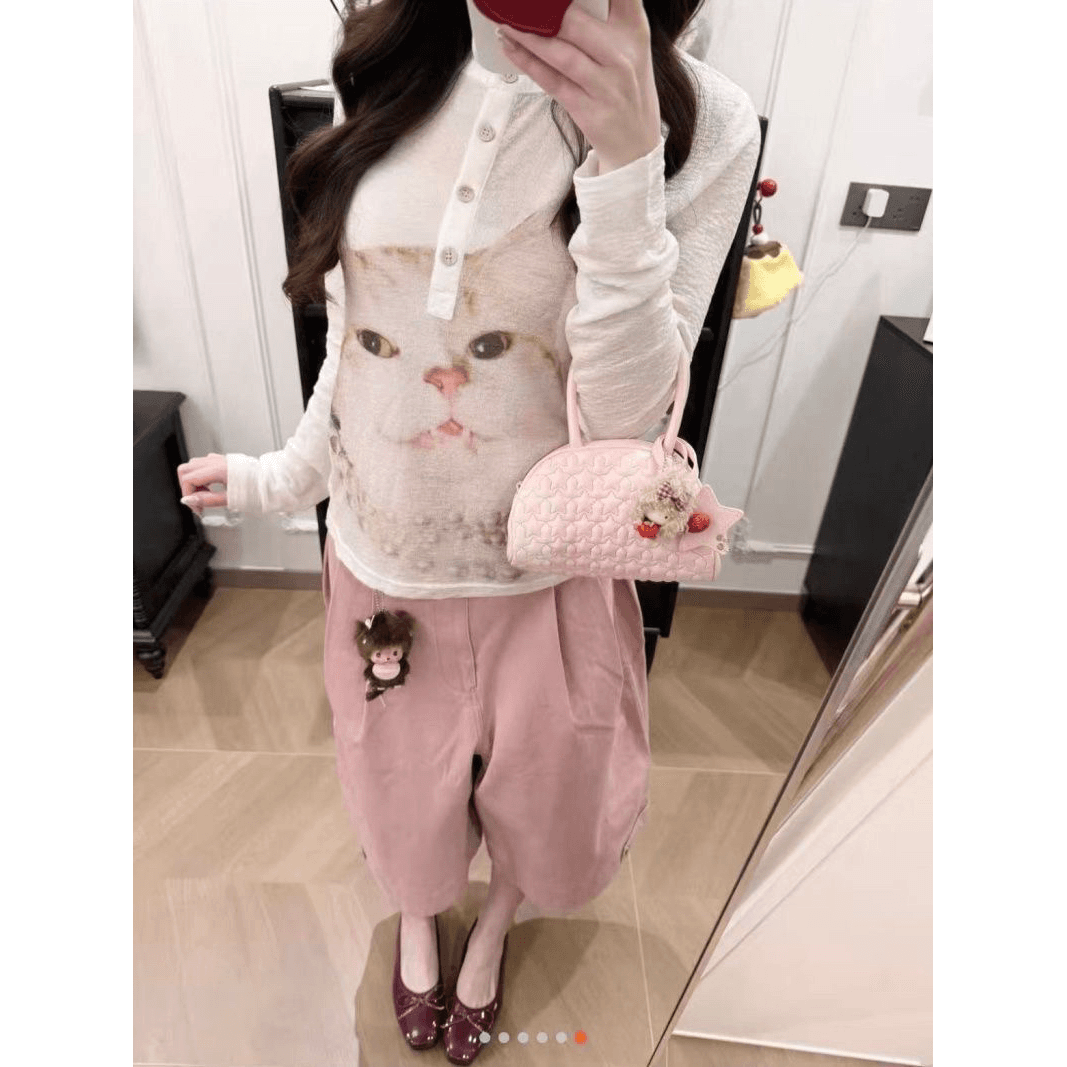 경관 그림 원본 원단 순수한 욕망 바람 고양이 프린트 다용도 몸매 가꾸기 슬림해 보이는 미니멀리즘 긴팔 패션 맨위 이미지 5