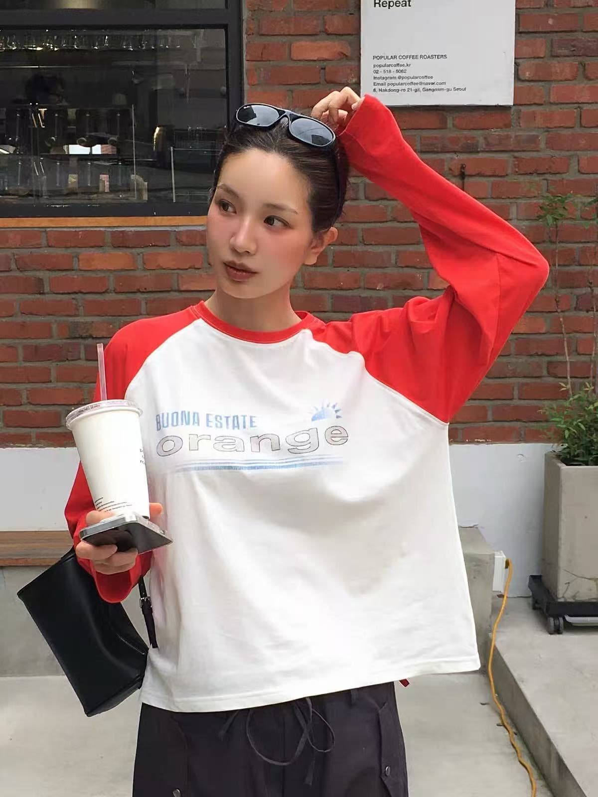 200그램 순면 당겨서 어깨 테두리 긴팔 티셔츠 이미지 3