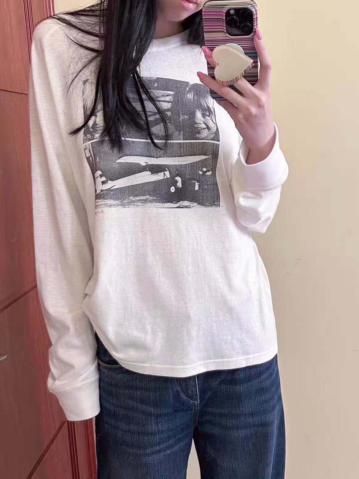 높은 품질 순면 200그램 21 빗질하다 정밀 프린트 가을 루즈핏 뭉치 구두 긴팔 티셔츠 여성