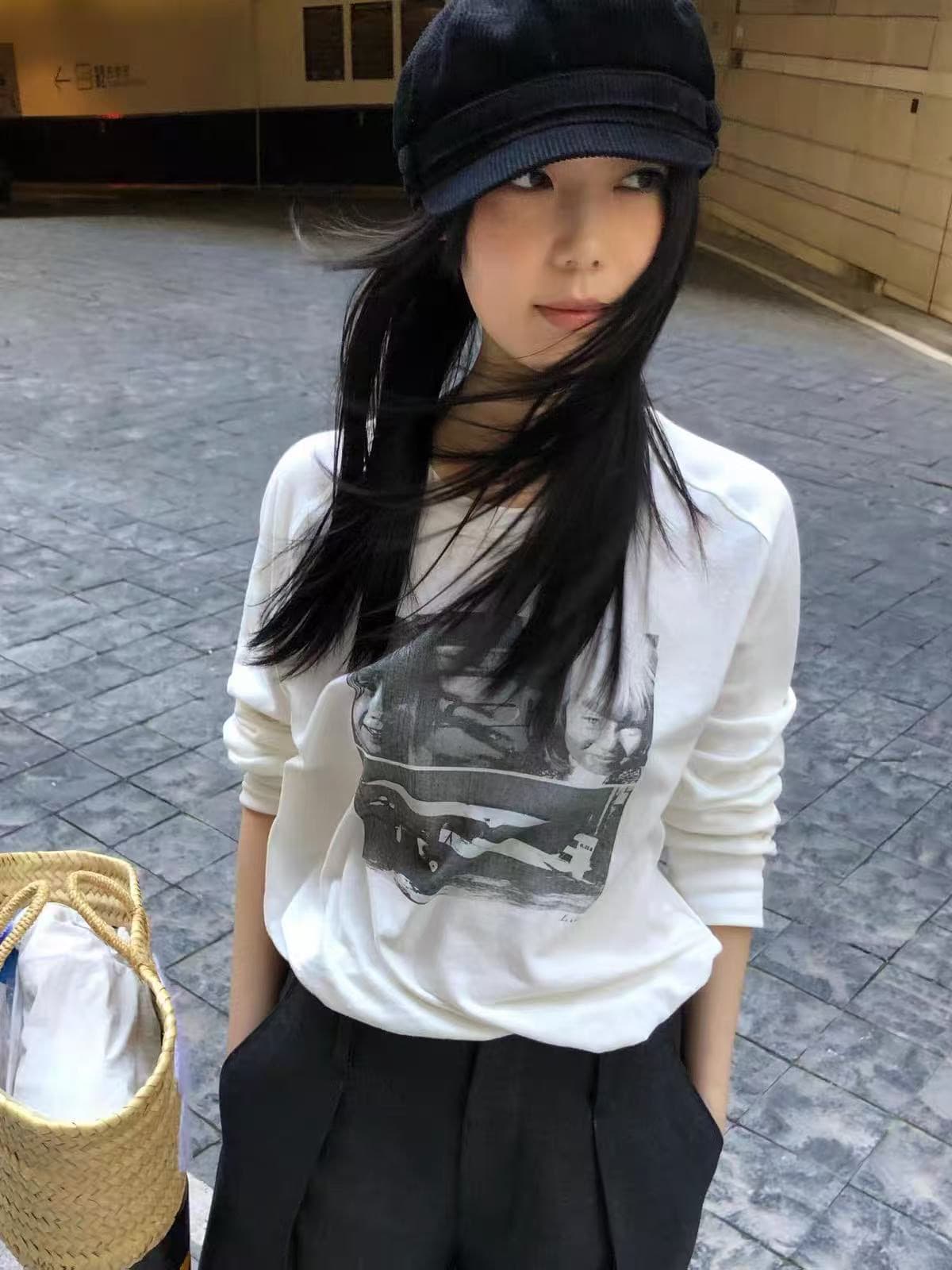 높은 품질 순면 200그램 21 빗질하다 정밀 프린트 가을 루즈핏 뭉치 구두 긴팔 티셔츠 여성 이미지 4