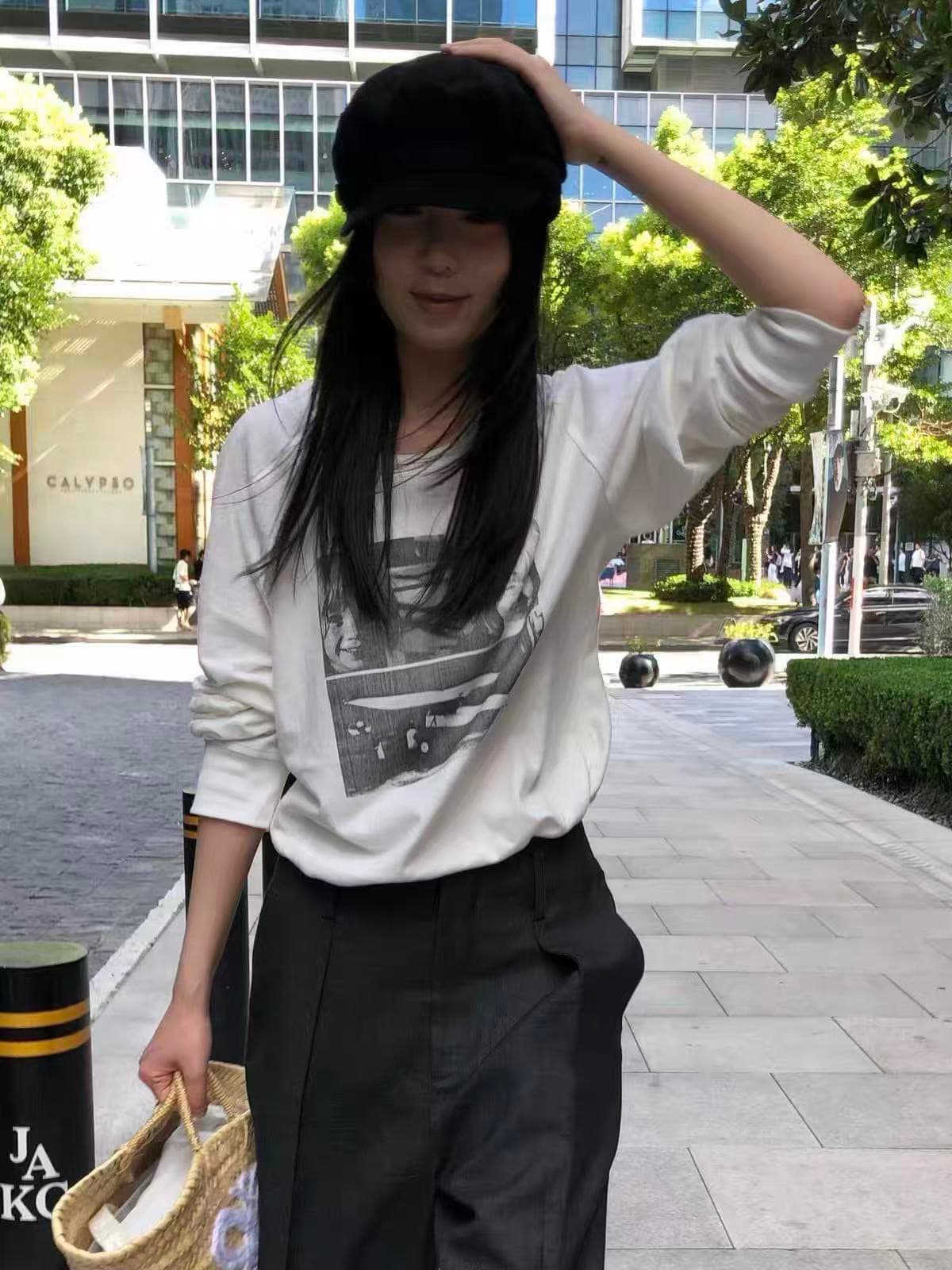 높은 품질 순면 200그램 21 빗질하다 정밀 프린트 가을 루즈핏 뭉치 구두 긴팔 티셔츠 여성 상세 이미지 2