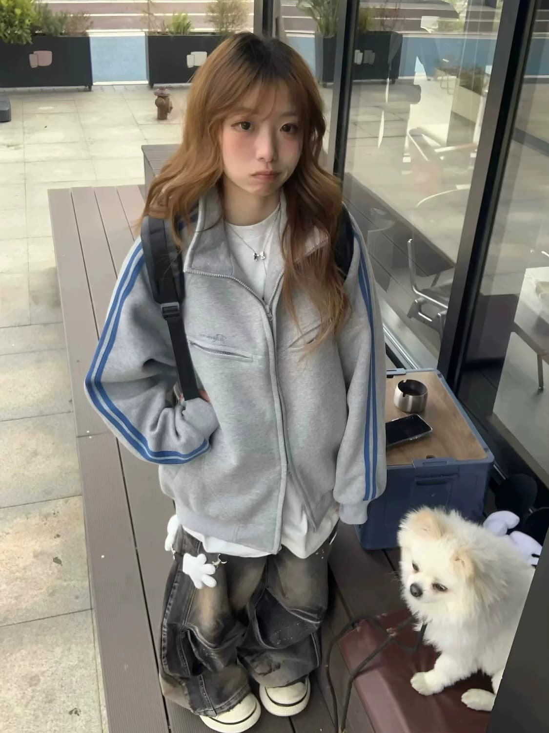 아메리칸 높음 거리 3개 바 오픈 가디건 스탠드 칼라 스웨트 셔츠 남녀 가을 레트로 루즈핏 커플 조수 브랜드 지퍼 재킷 이미지 3