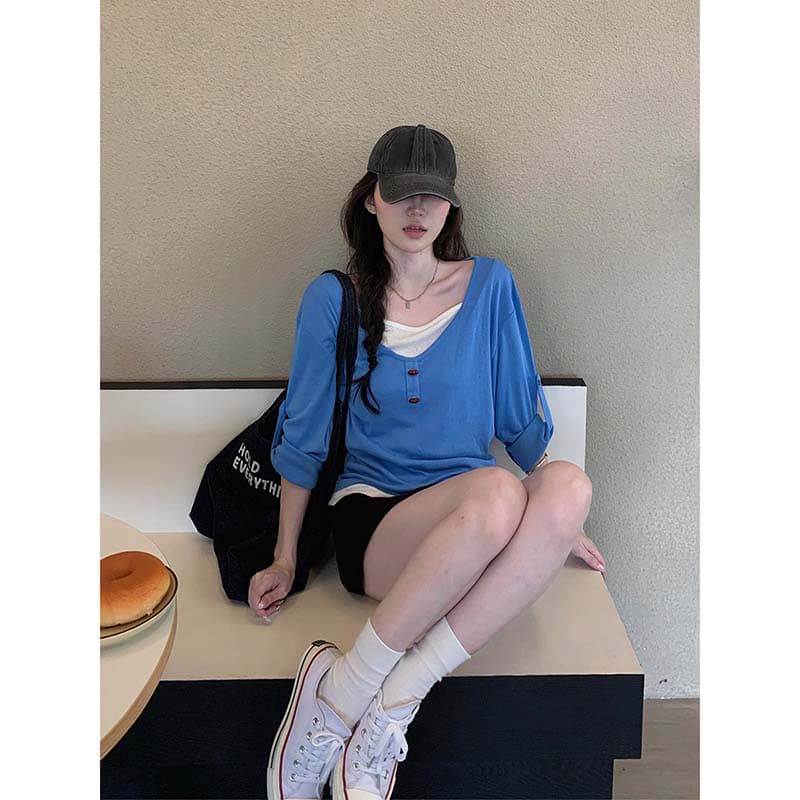 모달 260 그램 디자인 파란색 페이크 레이어드 V넥 긴팔 티셔츠 여성 여름 새로운 슬림해 보이는 다용도 맨위 이미지 4