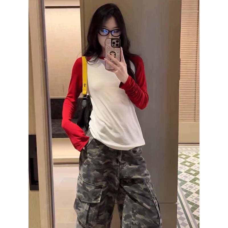260 그램 사람들 면 모달 배색 싸움 플러그 어깨 소매 길이 소매 티셔츠 여성 이른 가을 새로운 슬림해 보이는 다용도 맨위 이미지 5