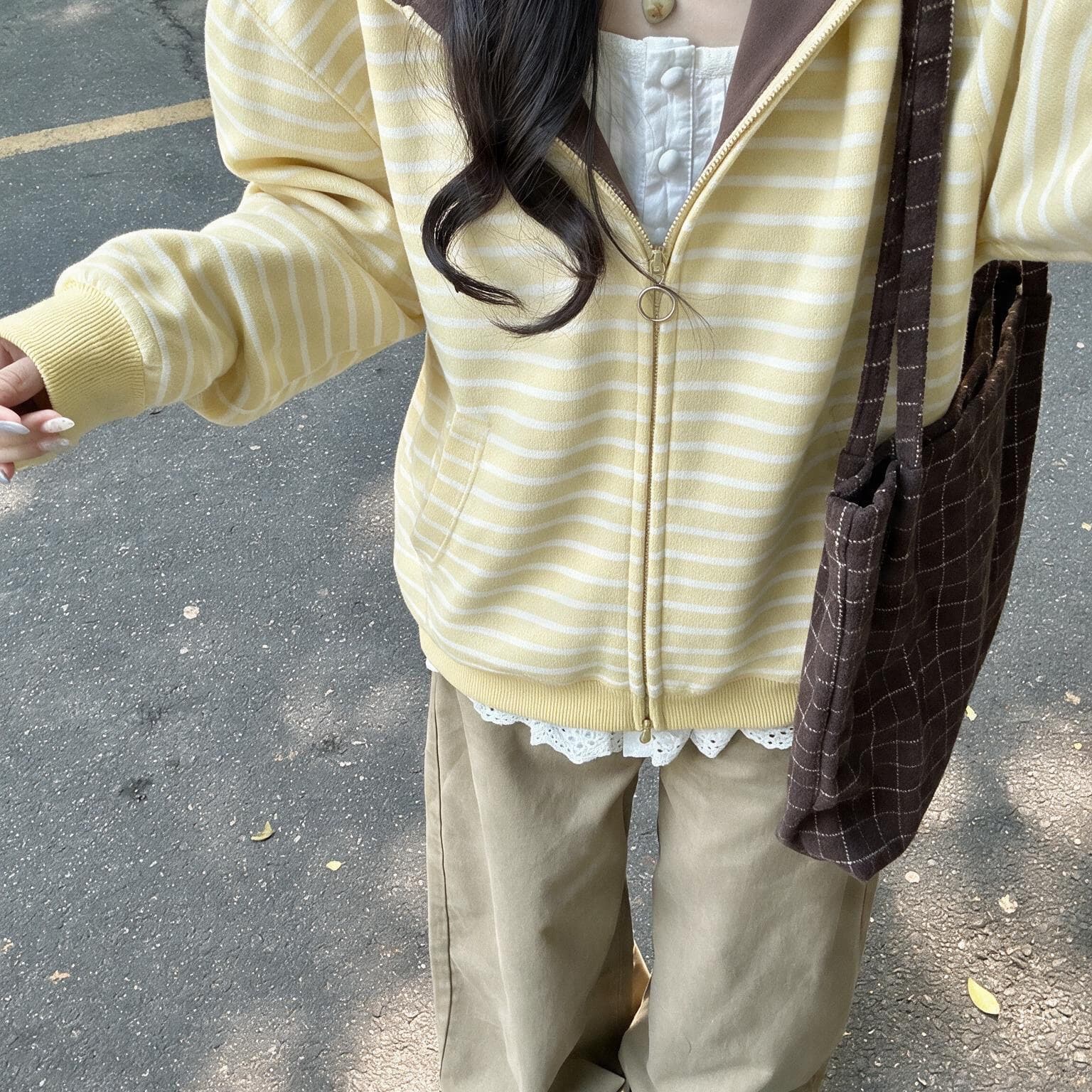 원본 솜씨 좋은 품질 순수한 Mianhua 면 복잡한 우유 실크 350 그램 스트라이프 인사이드 펌프 지퍼 후드티 상세 이미지 3
