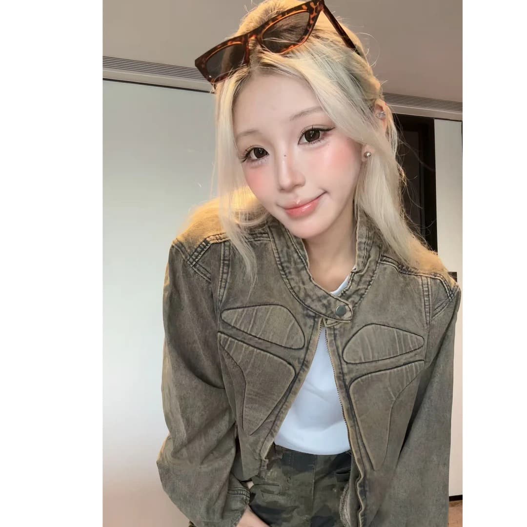 새로운 불모지 아름다움 라드. 워싱 마 오래된 데님 세트 남자 작은 대중 디자인 레트로 어깨 패드 데님 재킷 상세 이미지 2