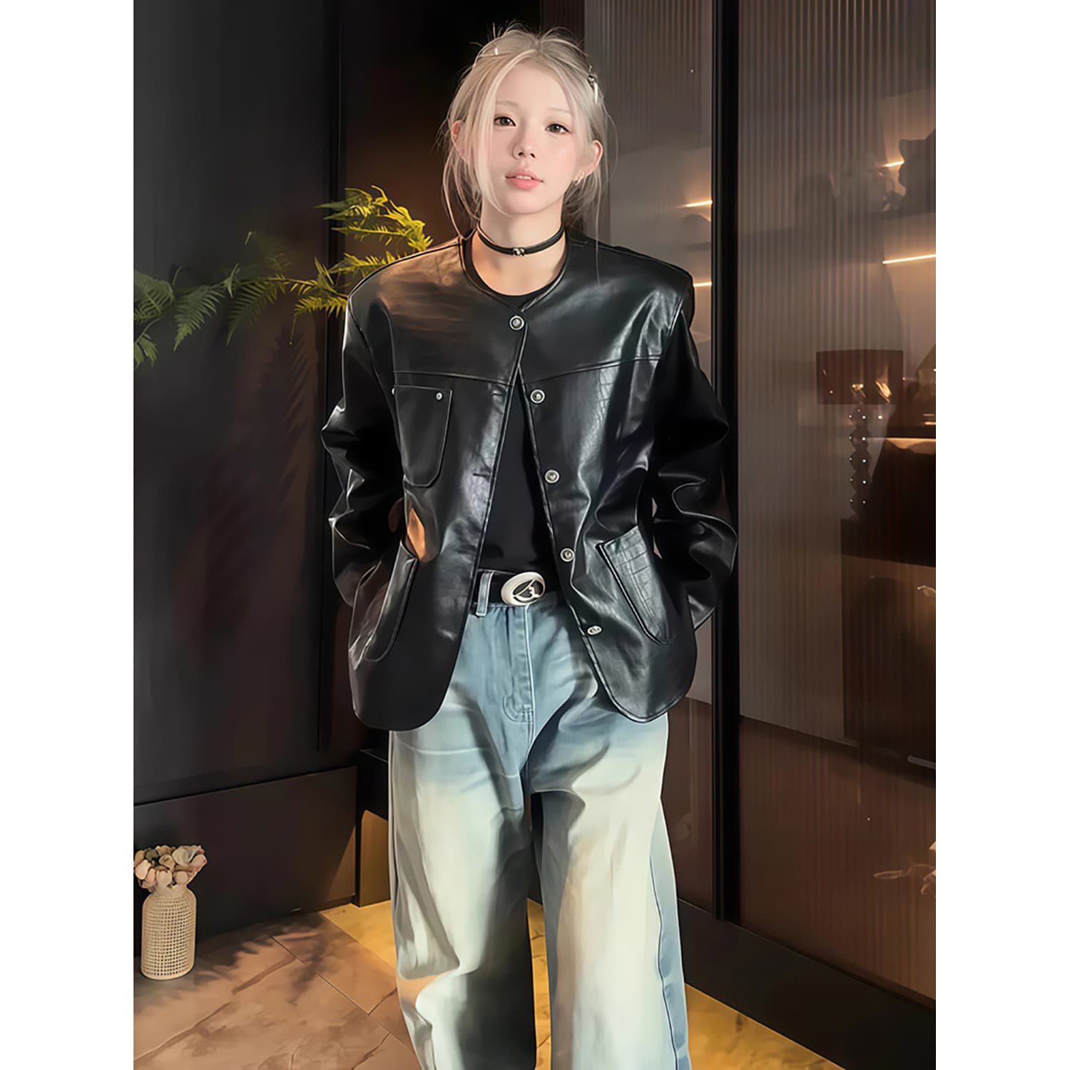 가죽 곡물 작은 샤넬 스타일 가죽 재킷 재킷 남자 여자 가을 착용 가져 가라. pu 가죽 자켓 아메리칸 긍정적 인 어깨 없음 칼라 재킷 이미지 5