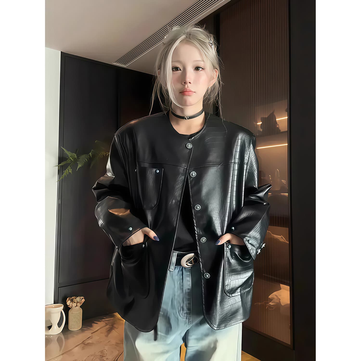 가죽 곡물 작은 샤넬 스타일 가죽 재킷 재킷 남자 여자 가을 착용 가져 가라. pu 가죽 자켓 아메리칸 긍정적 인 어깨 없음 칼라 재킷 상세 이미지 3
