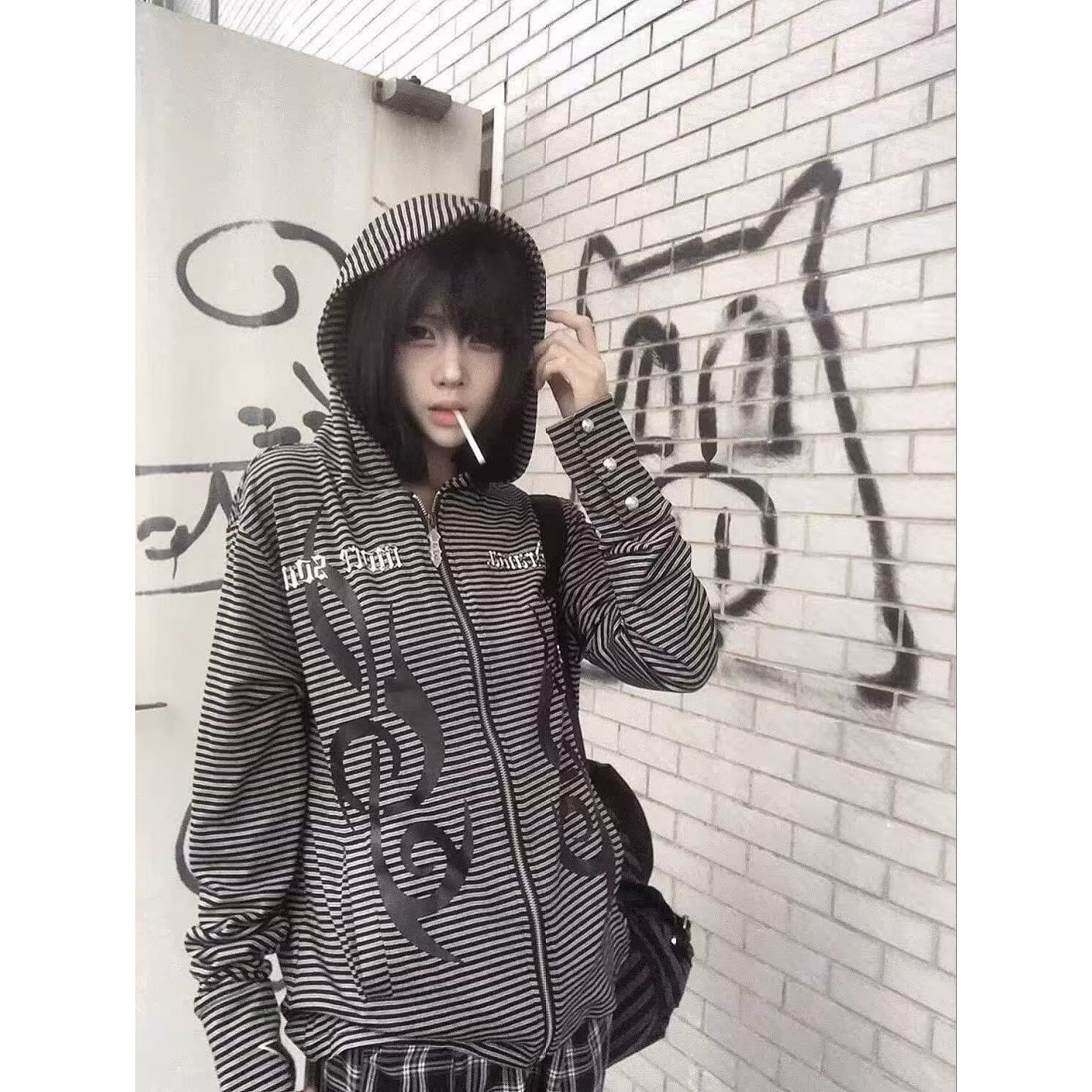 느긋한 레트로 스트라이프 운동 재킷 가을 루즈핏 후드 티 스웨터 한 부서 학생 캐주얼 트렌드 ins 느긋한