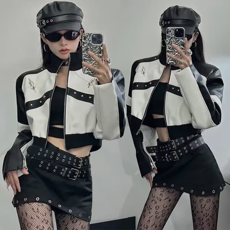 아메리칸 레트로 패치워크 배색 오토바이 가죽 재킷 여성 코트 새로운 흑인과 백인 패치워크 색상 쇼트 스타일 pu 가죽 자켓 맨위