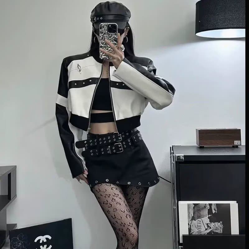 아메리칸 레트로 패치워크 배색 오토바이 가죽 재킷 여성 코트 새로운 흑인과 백인 패치워크 색상 쇼트 스타일 pu 가죽 자켓 맨위 이미지 4