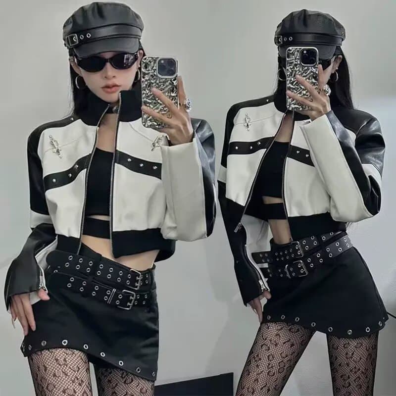 아메리칸 레트로 패치워크 배색 오토바이 가죽 재킷 여성 코트 새로운 흑인과 백인 패치워크 색상 쇼트 스타일 pu 가죽 자켓 맨위 상세 이미지 1