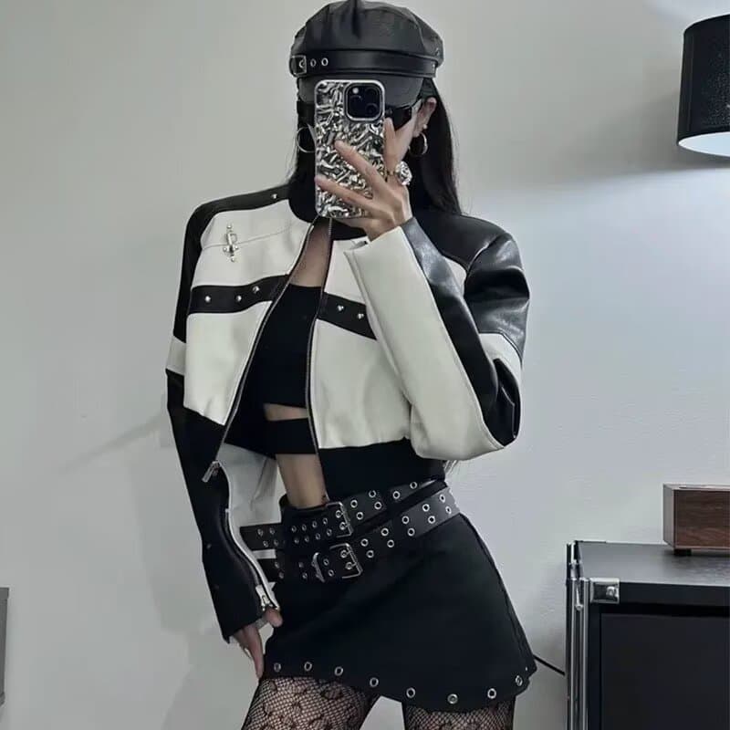 아메리칸 레트로 패치워크 배색 오토바이 가죽 재킷 여성 코트 새로운 흑인과 백인 패치워크 색상 쇼트 스타일 pu 가죽 자켓 맨위 상세 이미지 5