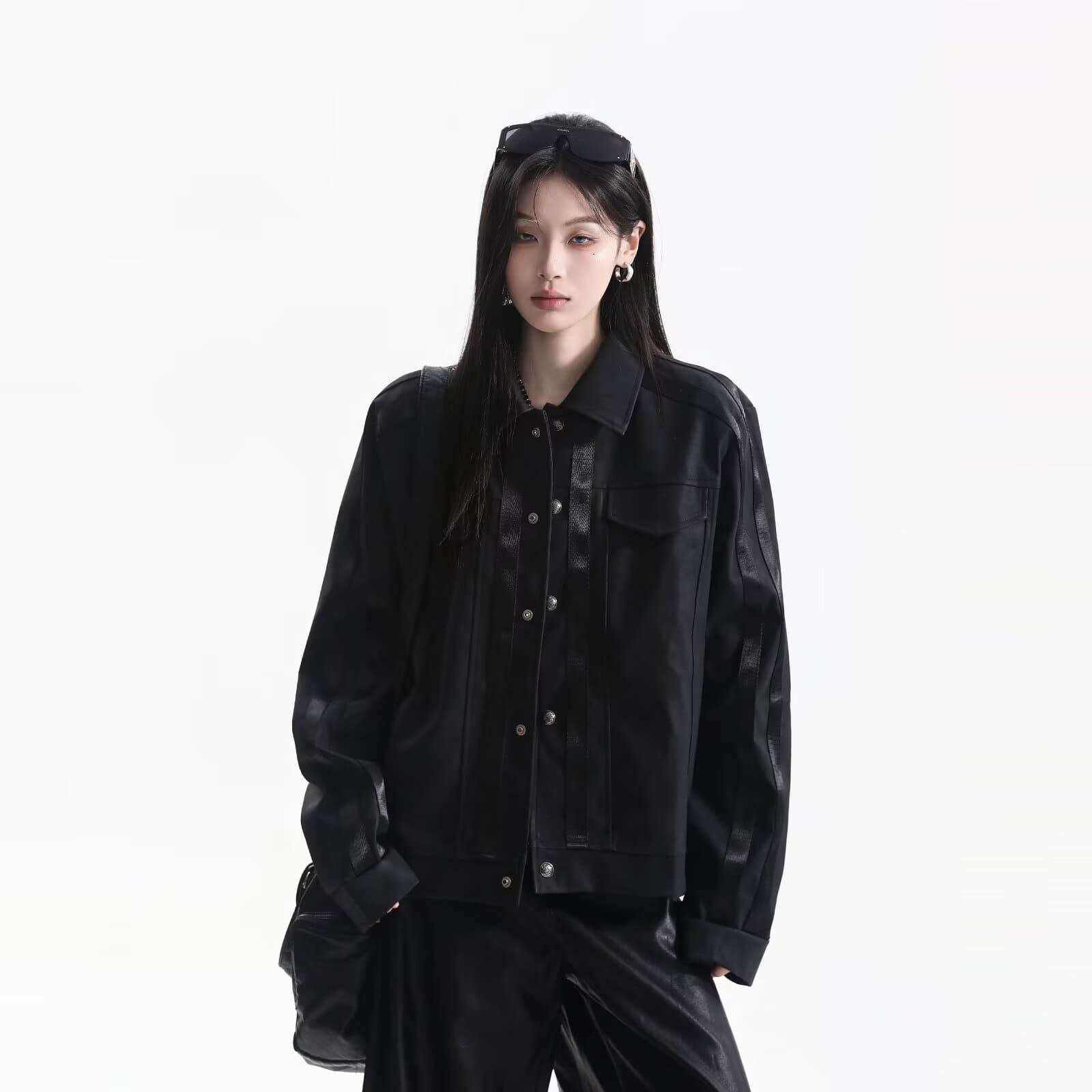 아메리칸 레트로 단색 폴로 칼라 재킷 남자 여자 2026 봄 가을 새로운 조수 브랜드 루즈핏 캐주얼 가죽 재킷 상세 이미지 1