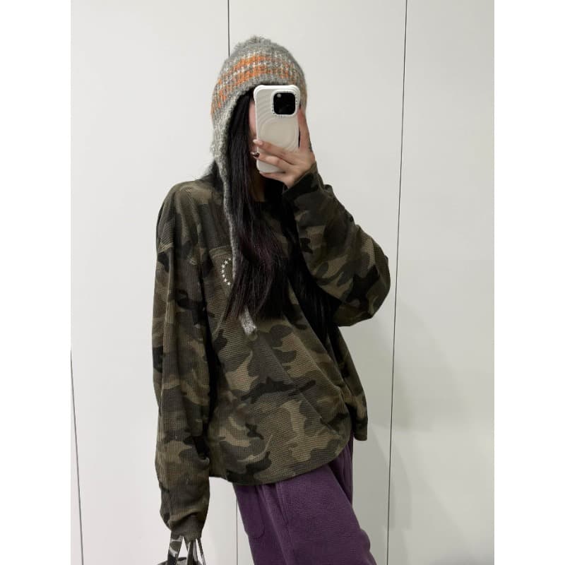 카모플라주 후아 남편 그리드 자수 긴팔 티셔츠 이미지 2