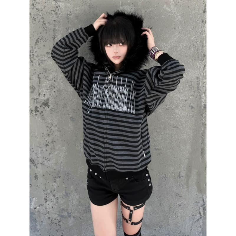 사이러스 전주곡 음악 해독제 블랙 회색 스트라이프 모피 칼라 오픈 가디건 후드 티 스웨터 남녀 가을 겨울철 새로운 재킷 상세 이미지 1