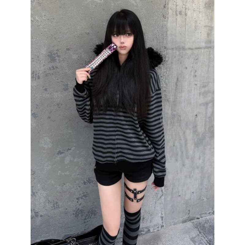 사이러스 전주곡 음악 해독제 블랙 회색 스트라이프 모피 칼라 오픈 가디건 후드 티 스웨터 남녀 가을 겨울철 새로운 재킷 상세 이미지 3