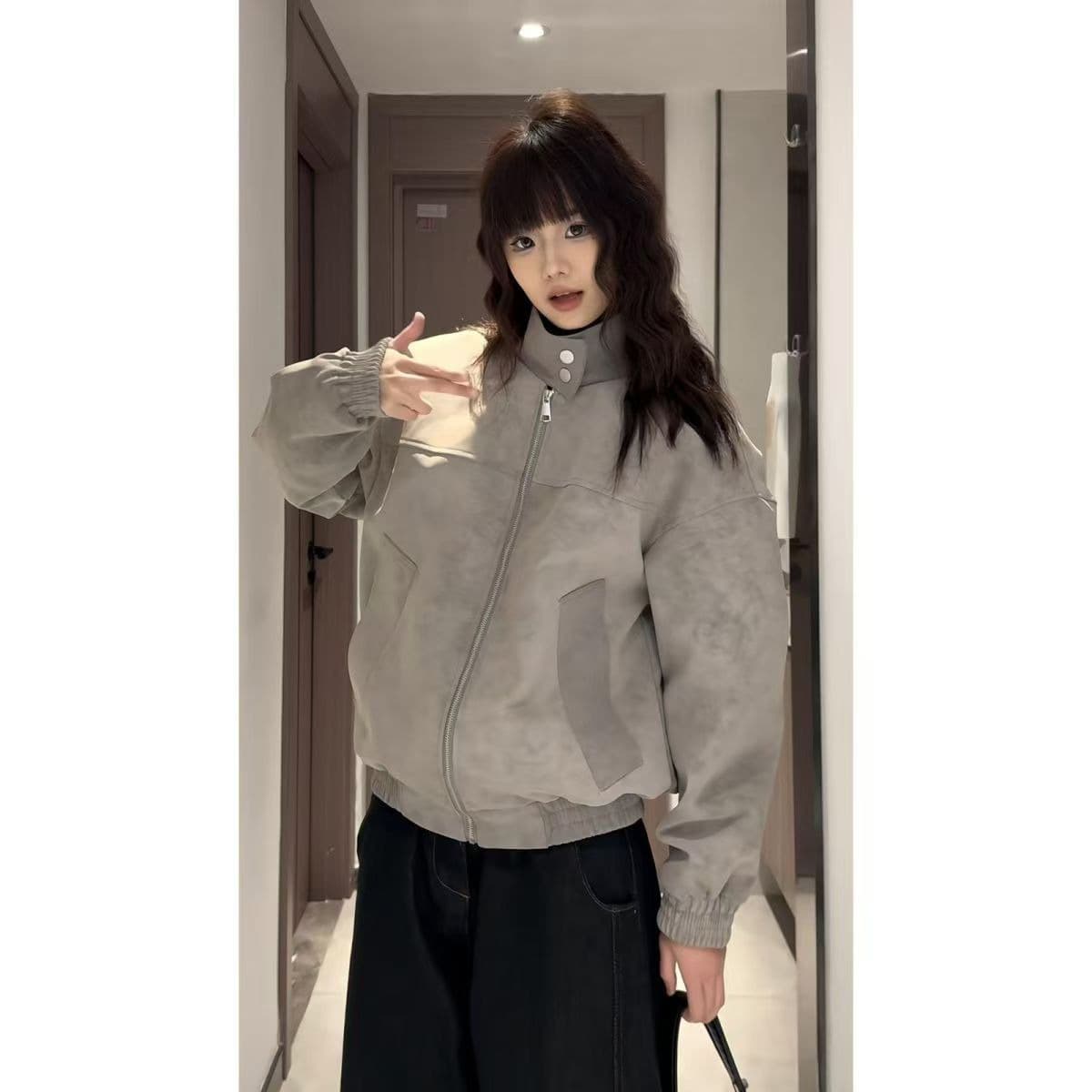 2026 봄 가을 겨울 홀치기 염색 PU 가죽 아메리칸 레트로 스탠드 칼라 가죽 재킷 재킷 루즈핏 다용도 캐주얼 커플 재킷 이미지 2