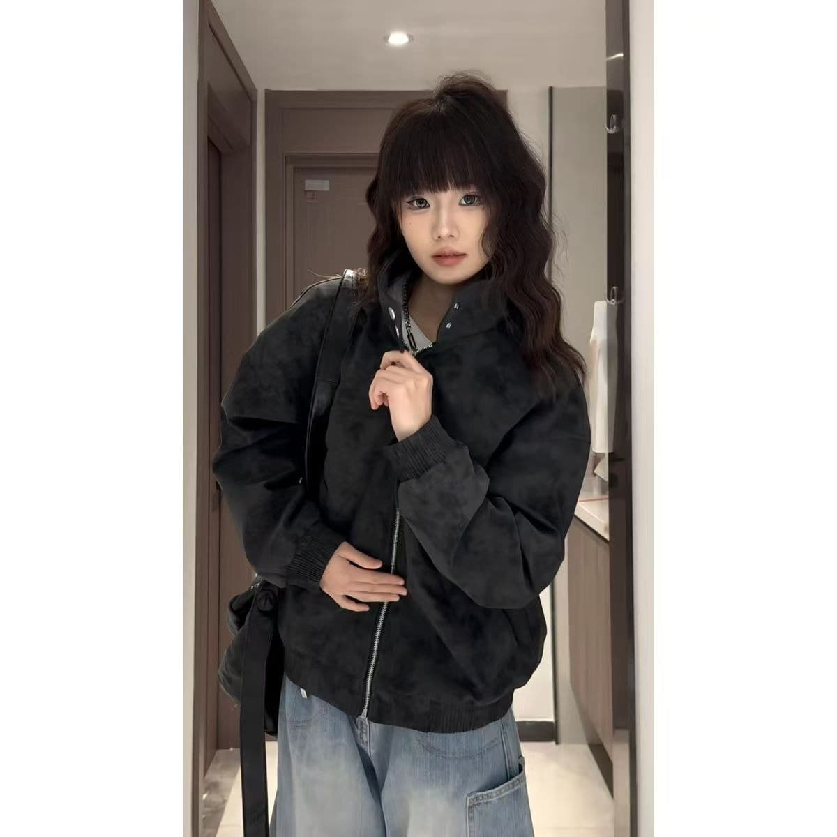 2026 봄 가을 겨울 홀치기 염색 PU 가죽 아메리칸 레트로 스탠드 칼라 가죽 재킷 재킷 루즈핏 다용도 캐주얼 커플 재킷 상세 이미지 1