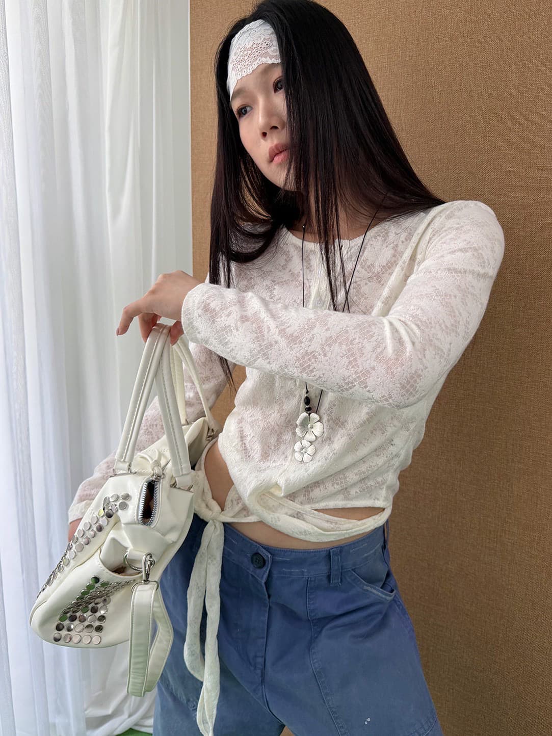 프랑스식 레이스 자카드 스트랩 Chic 작은 셔츠 티셔츠 여성 조기 가을 비틀림 작은 대중 몸매 가꾸기 슬림해 보이는 긴팔 맨위 이미지 4
