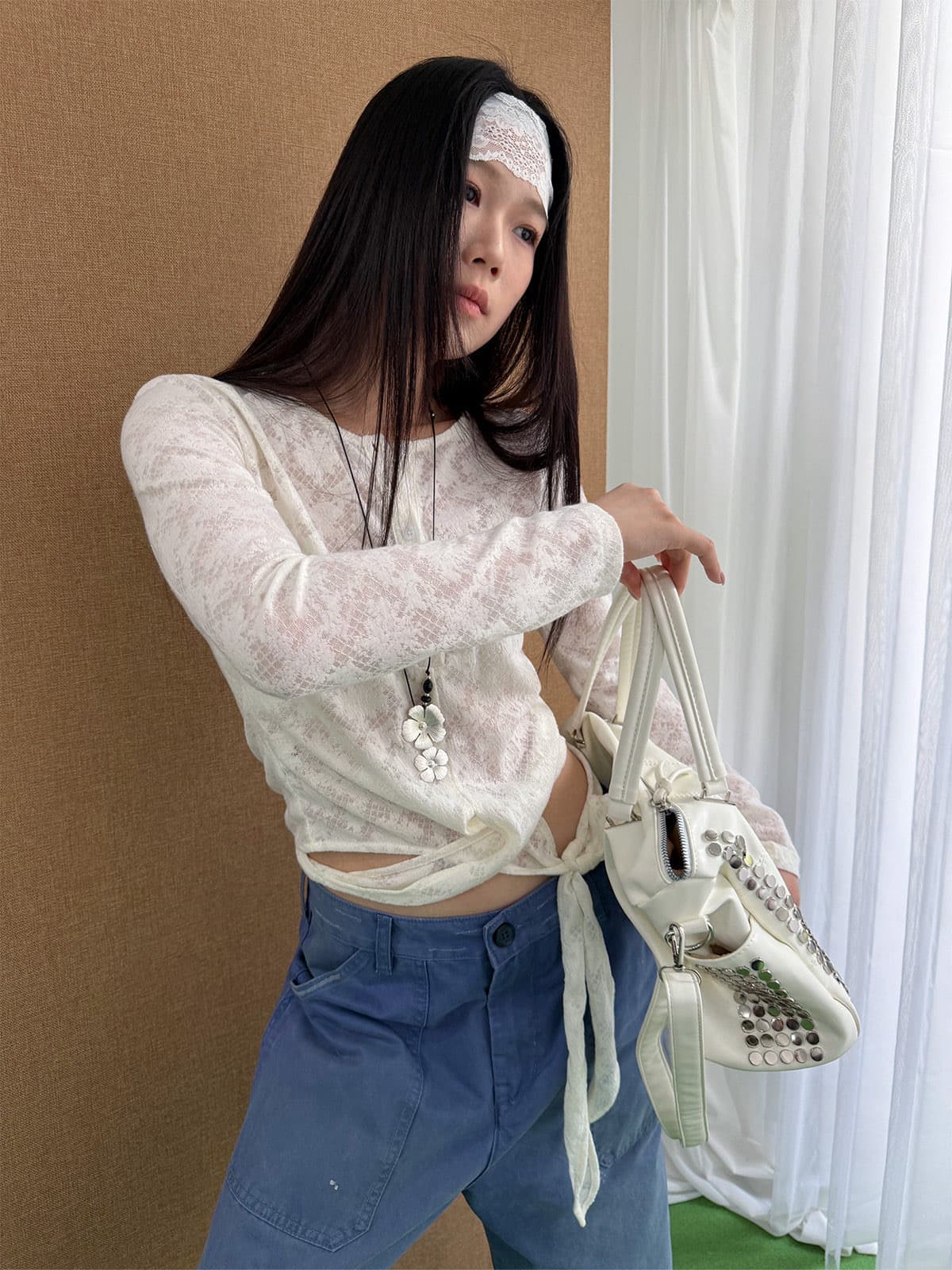 프랑스식 레이스 자카드 스트랩 Chic 작은 셔츠 티셔츠 여성 조기 가을 비틀림 작은 대중 몸매 가꾸기 슬림해 보이는 긴팔 맨위 상세 이미지 1
