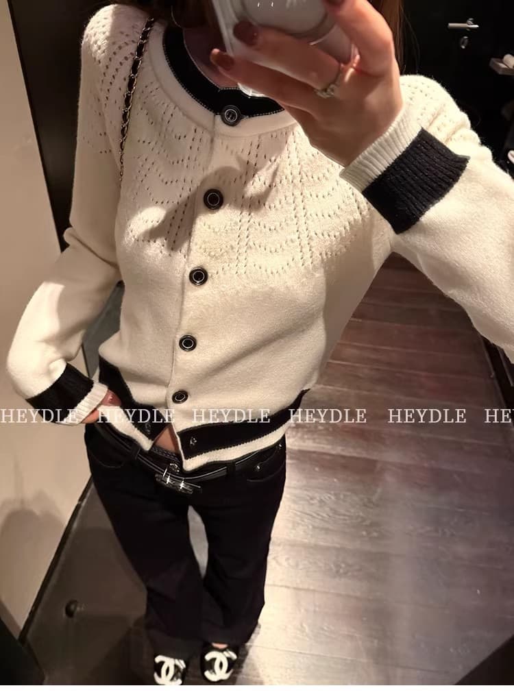 검은 콩 흠 초기 만남 순간 디자인 센스 홀로우 아웃 니트 오픈 가디건 흑인과 백인 패치워크 색상 품격 쇼트 스타일 스웨터 코트 이미지 2
