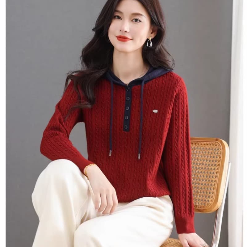 가을 겨울 다용도 후드 니트 패치워크 색상 양모 기본 셔츠 후드티 여성 한국 스타일 루즈핏 풀오버 인사이드 가져 가라. 긴팔 이미지 5
