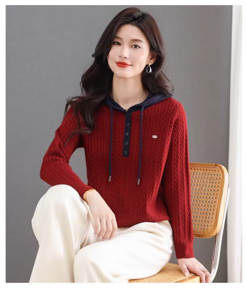 가을 겨울 다용도 후드 니트 패치워크 색상 양모 기본 셔츠 후드티 여성 한국 스타일 루즈핏 풀오버 인사이드 가져 가라. 긴팔 상세 이미지 4