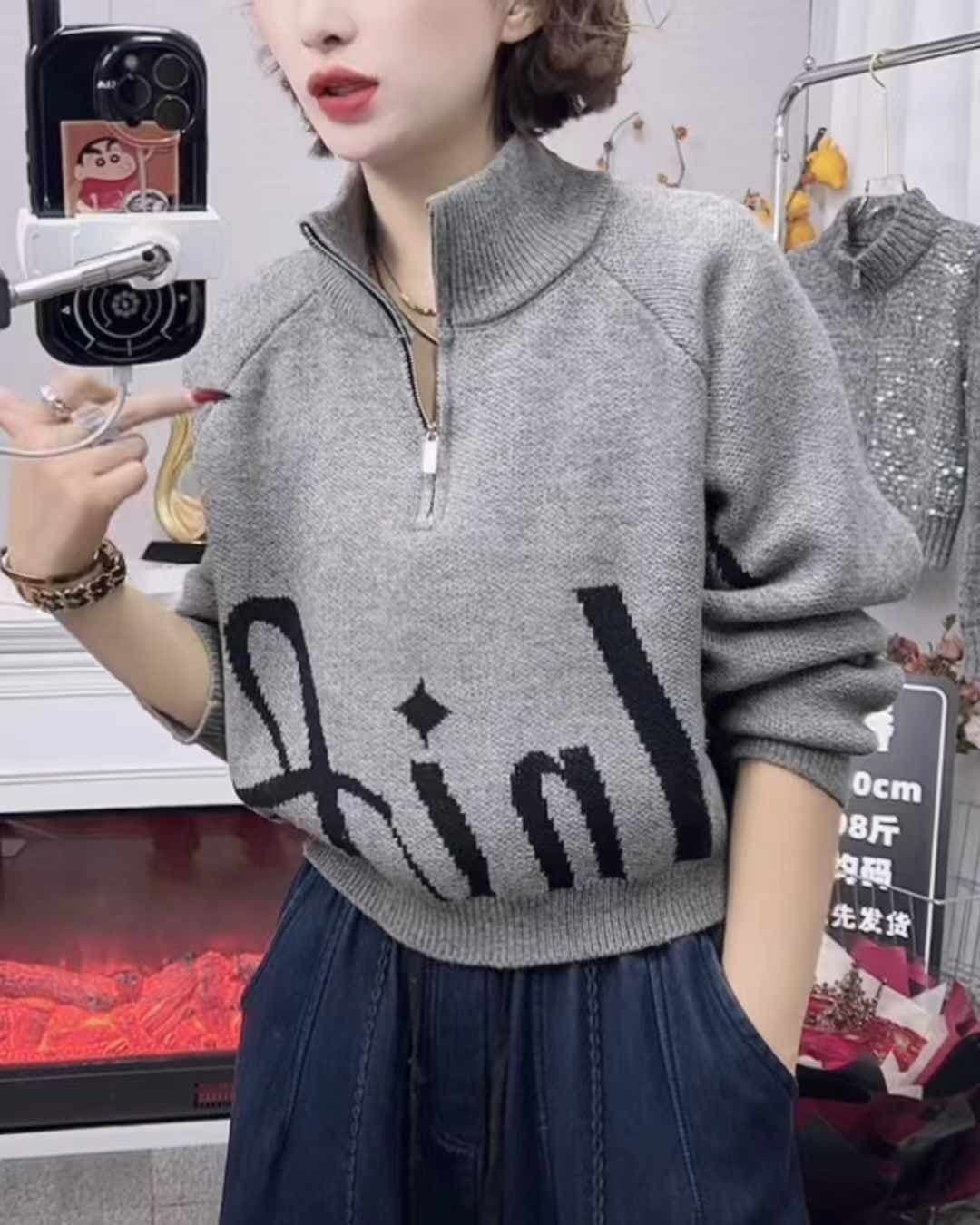 한국 스타일 스탠드 칼라 半拉 체인 슬리브 머리 스웨터 여자 가을 겨울철 새로운 부드러운 찹쌀 느긋한 레트로 캐주얼 인사이드 가져 가라. 니트 스웨터 이미지 4