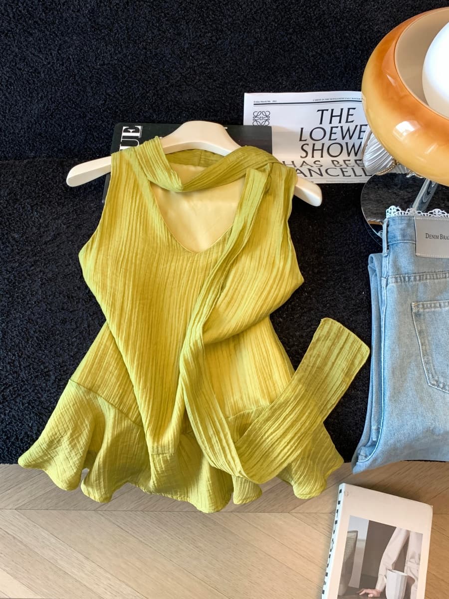 실사 한 부서 여름 느긋한 느슨함 센스 휴가 아마 통기성 민소매 루즈핏 불규칙 작은 셔츠 조끼 여성 상세 이미지 8