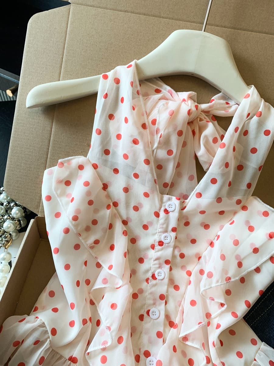 실사 핫걸 도트 무늬 행침 목 슬립 프릴 작은 셔츠 여름 새로운 고유 한 Chic 한 부서 슈퍼 잘 생긴 맨위 이미지 4