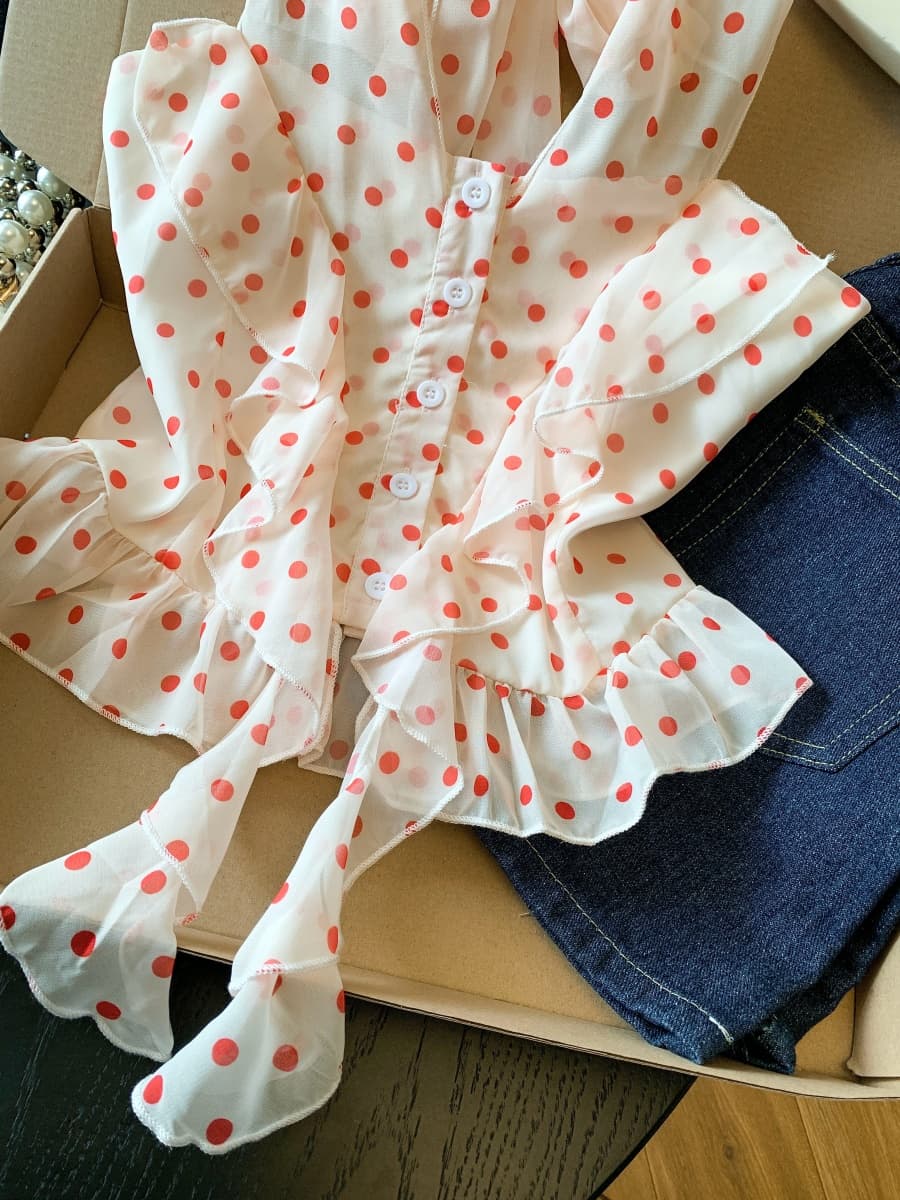 실사 핫걸 도트 무늬 행침 목 슬립 프릴 작은 셔츠 여름 새로운 고유 한 Chic 한 부서 슈퍼 잘 생긴 맨위 이미지 5