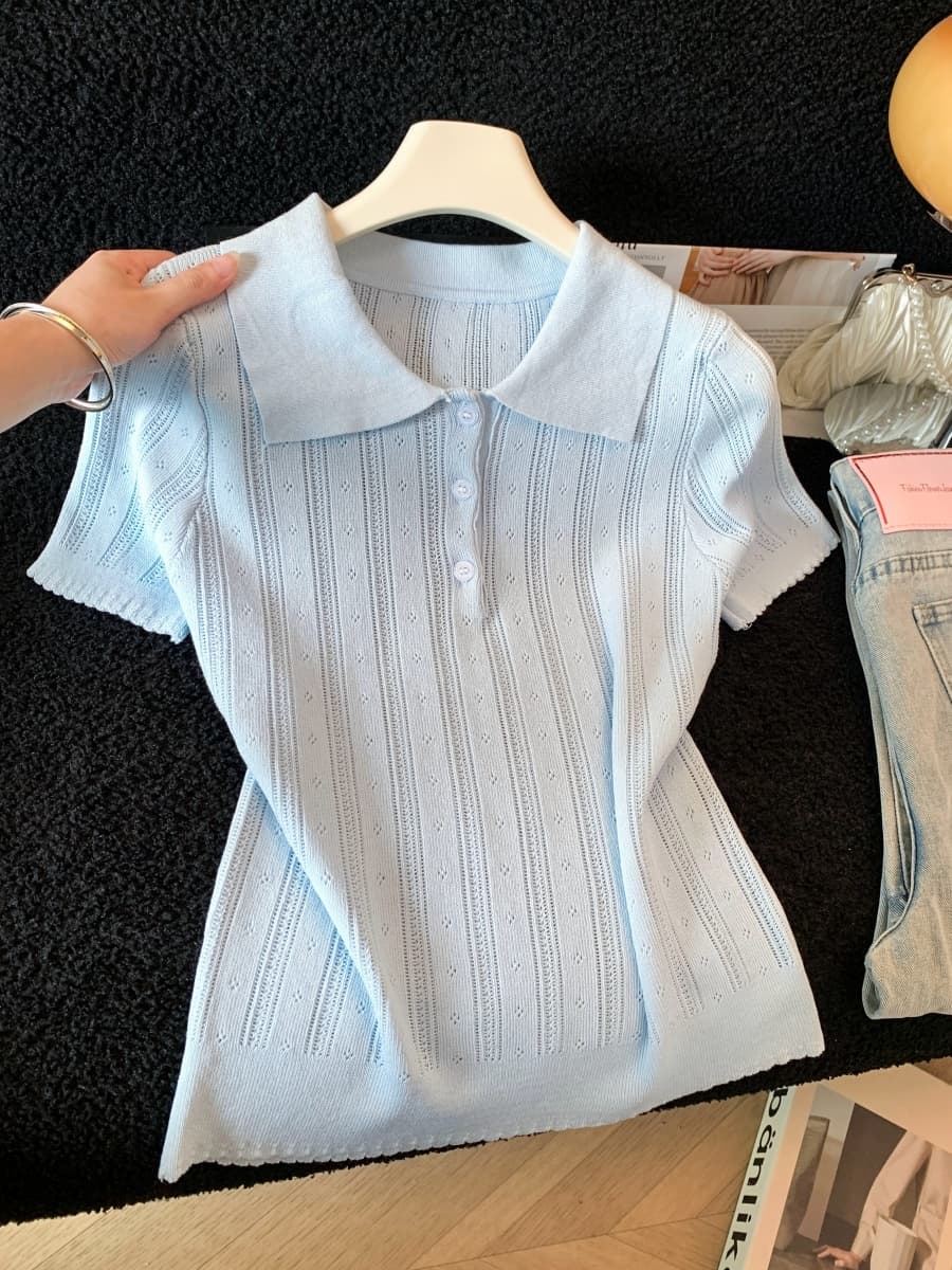 실사 POLO 칼라 자카드 니트 반팔 여성 2026 봄 여름 자이언트 잘 생긴 ~ 중 몸매 가꾸기 허리 수축 기본 셔츠 맨위 이미지 2