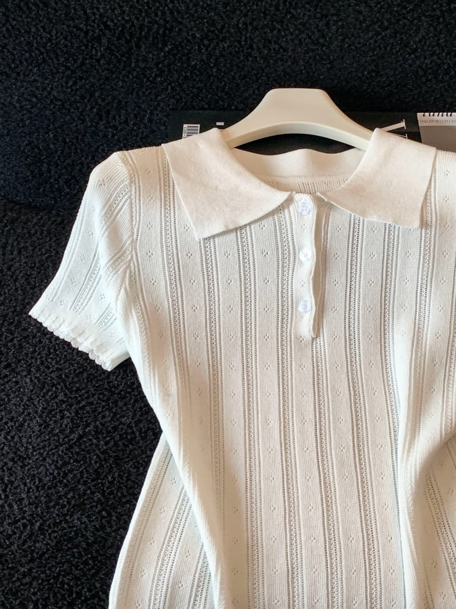 실사 POLO 칼라 자카드 니트 반팔 여성 2026 봄 여름 자이언트 잘 생긴 ~ 중 몸매 가꾸기 허리 수축 기본 셔츠 맨위 상세 이미지 2
