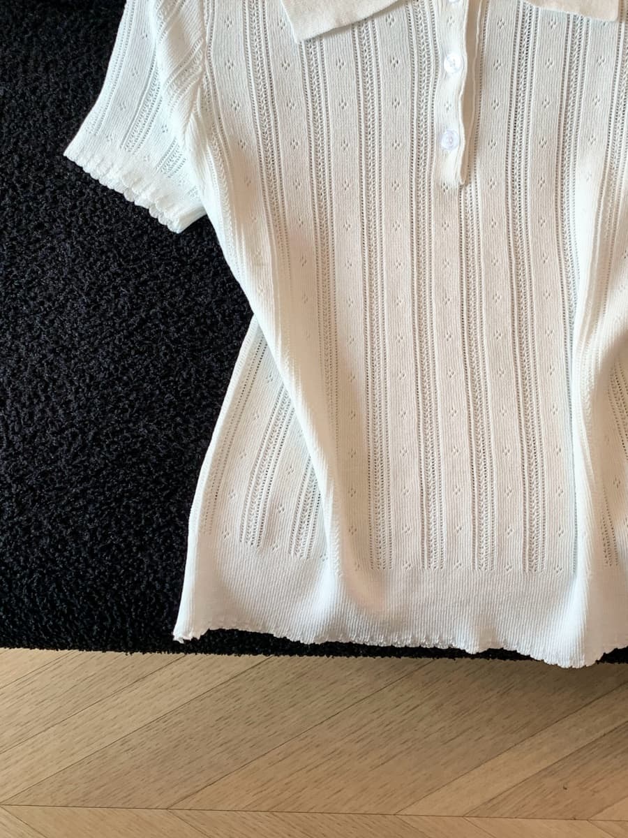 실사 POLO 칼라 자카드 니트 반팔 여성 2026 봄 여름 자이언트 잘 생긴 ~ 중 몸매 가꾸기 허리 수축 기본 셔츠 맨위 상세 이미지 4