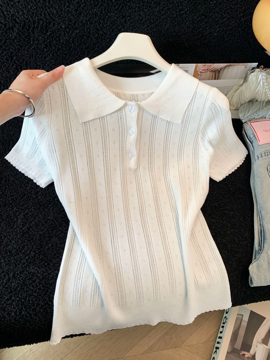 실사 POLO 칼라 자카드 니트 반팔 여성 2026 봄 여름 자이언트 잘 생긴 ~ 중 몸매 가꾸기 허리 수축 기본 셔츠 맨위 상세 이미지 6
