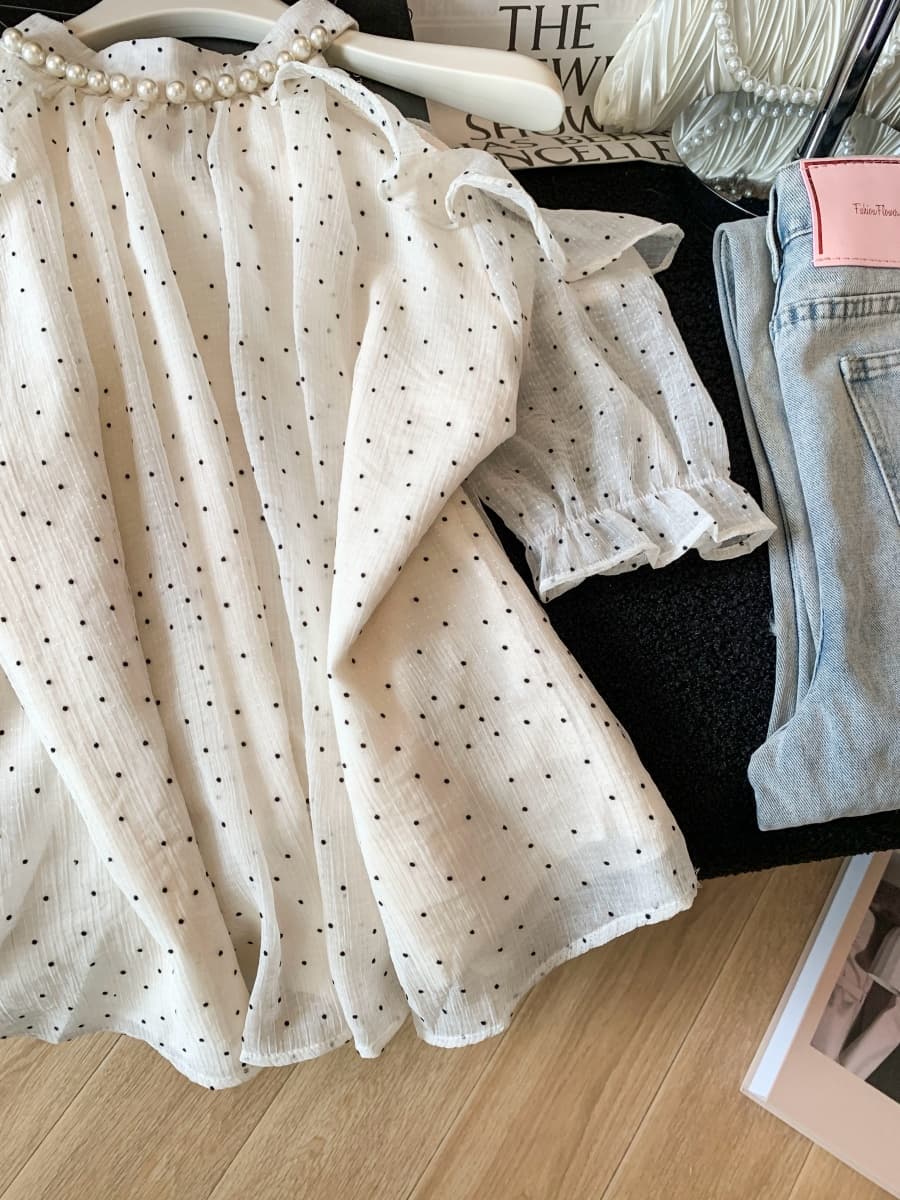 실사 하트 프린트 행침 목 오프숄더 시폰 셔츠 여성 여름 얇은 스타일 프랑스식 품격 우아함 디자인 센스 맨위 상세 이미지 5