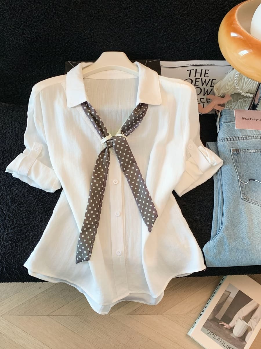 실사 도트 무늬 스카프 POLO 칼라 반팔 긍정적 인 어깨 여성 셔츠 여름 새로운 한 부서 세련된 루즈핏 고유 한 맨위 상세 이미지 1