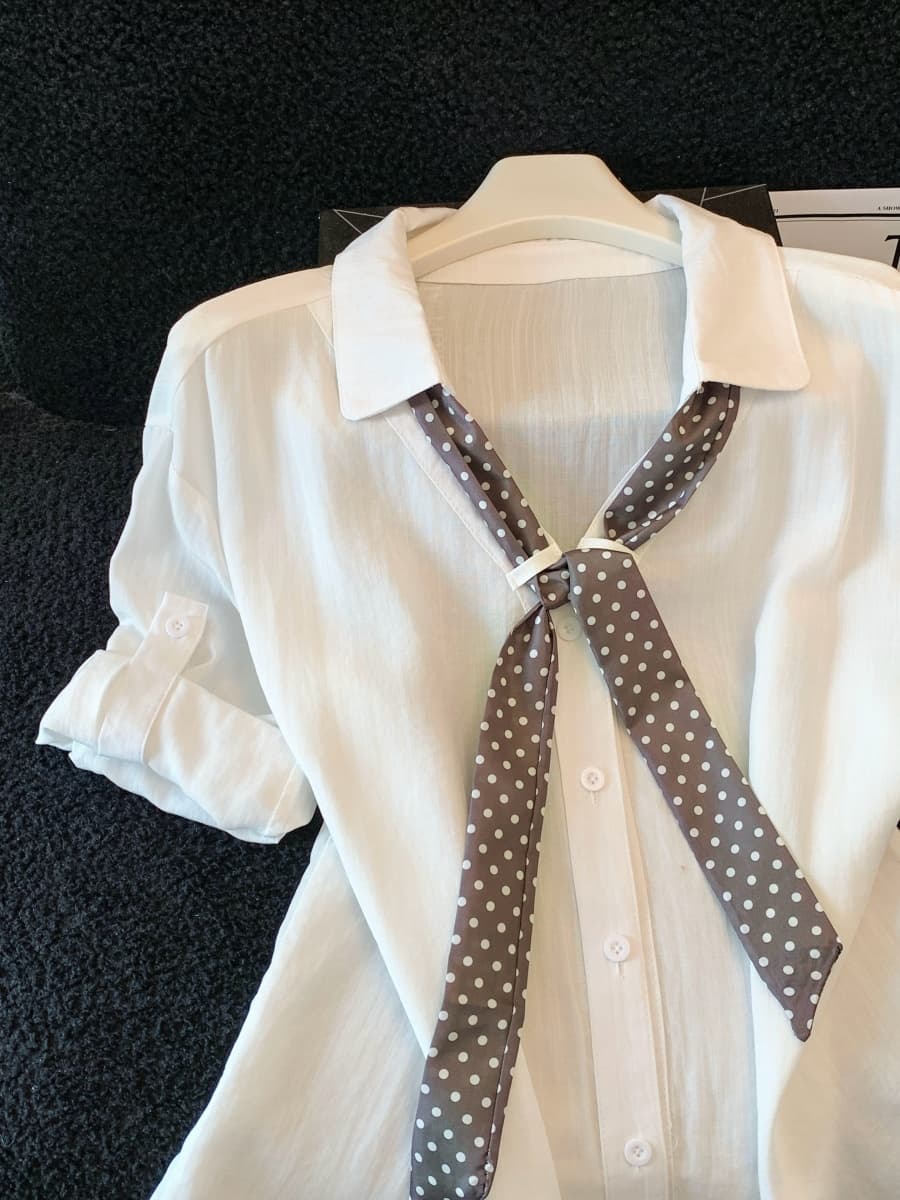 실사 도트 무늬 스카프 POLO 칼라 반팔 긍정적 인 어깨 여성 셔츠 여름 새로운 한 부서 세련된 루즈핏 고유 한 맨위 상세 이미지 2