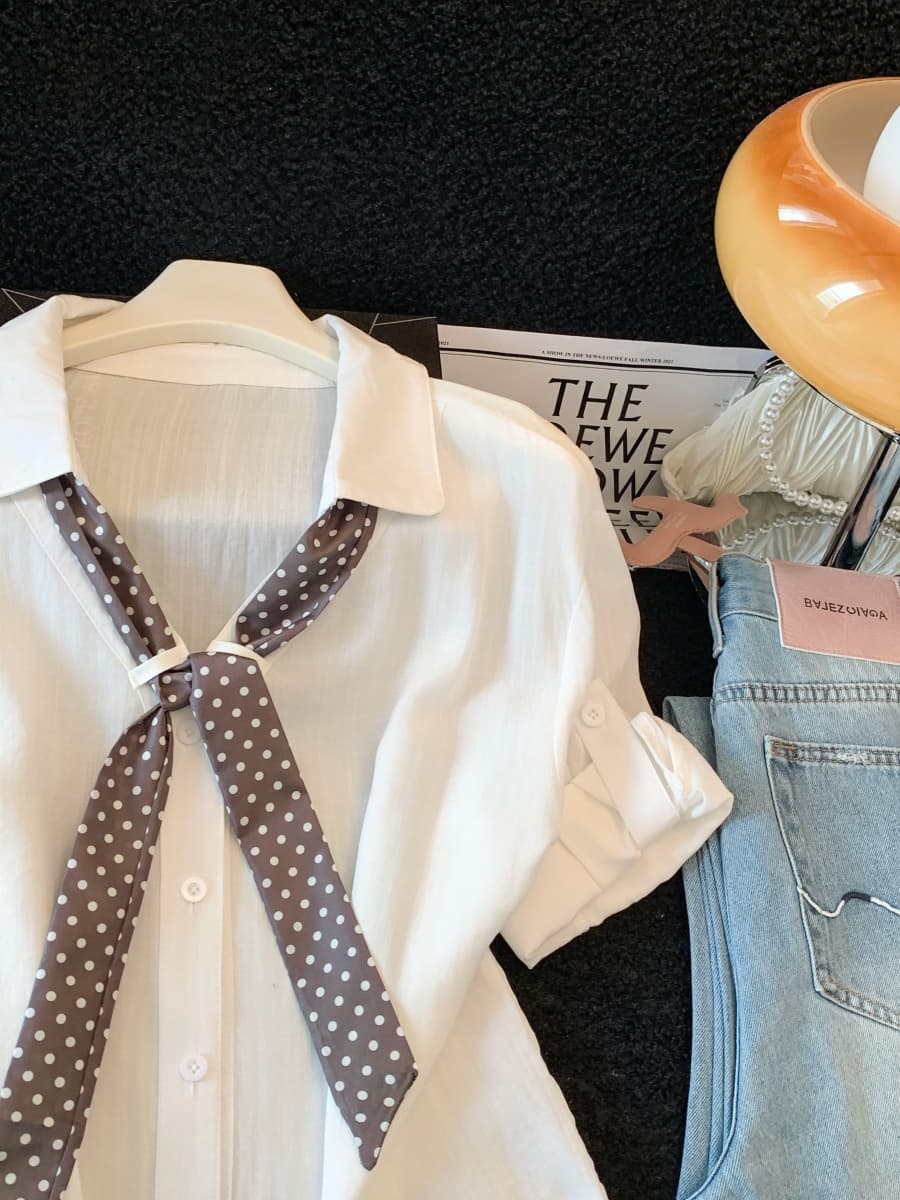실사 도트 무늬 스카프 POLO 칼라 반팔 긍정적 인 어깨 여성 셔츠 여름 새로운 한 부서 세련된 루즈핏 고유 한 맨위 상세 이미지 3