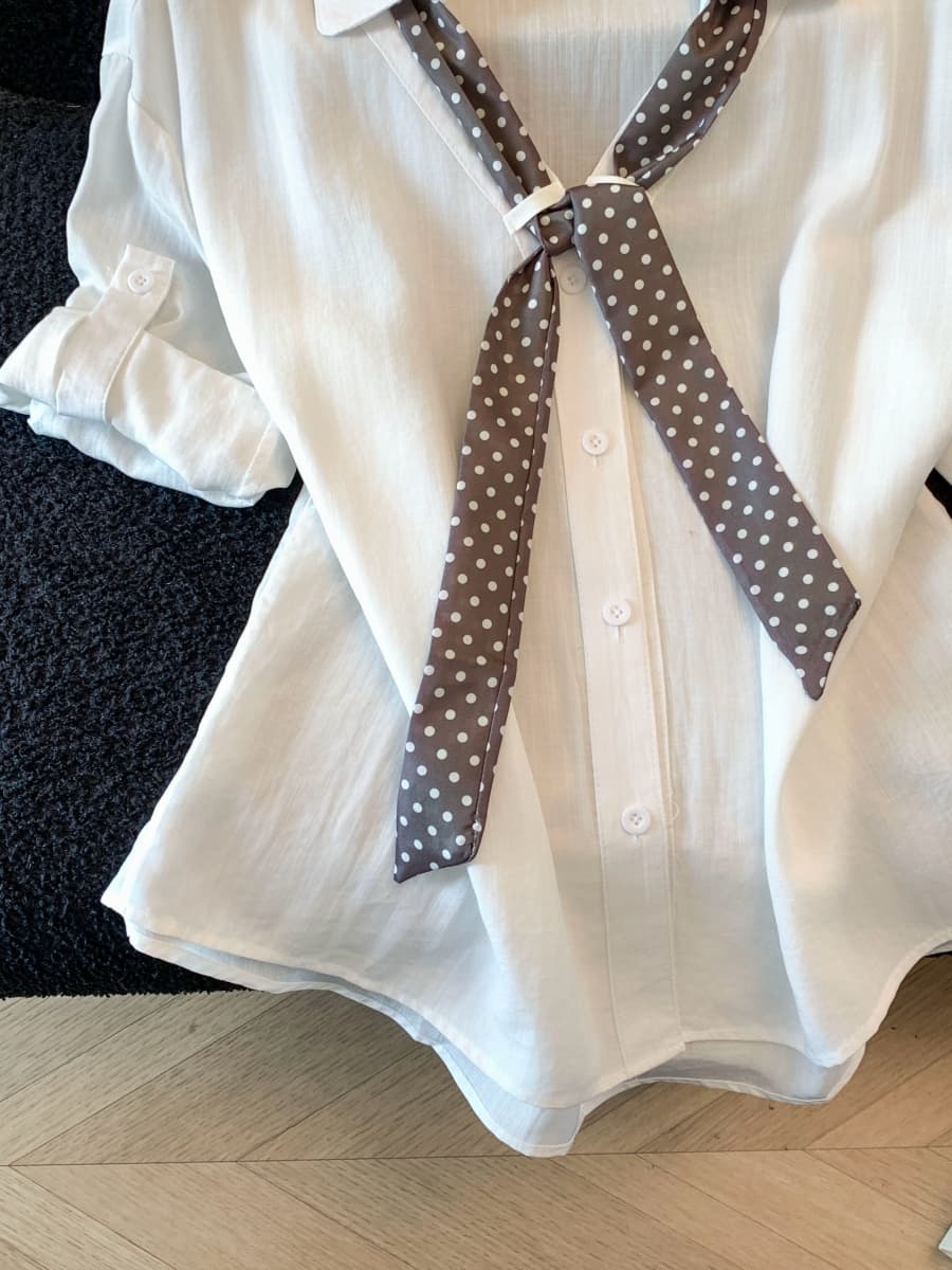 실사 도트 무늬 스카프 POLO 칼라 반팔 긍정적 인 어깨 여성 셔츠 여름 새로운 한 부서 세련된 루즈핏 고유 한 맨위 상세 이미지 4