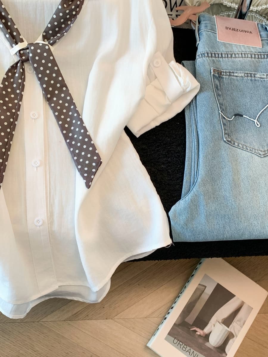 실사 도트 무늬 스카프 POLO 칼라 반팔 긍정적 인 어깨 여성 셔츠 여름 새로운 한 부서 세련된 루즈핏 고유 한 맨위 상세 이미지 5