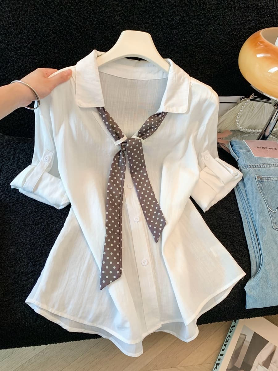 실사 도트 무늬 스카프 POLO 칼라 반팔 긍정적 인 어깨 여성 셔츠 여름 새로운 한 부서 세련된 루즈핏 고유 한 맨위 상세 이미지 6