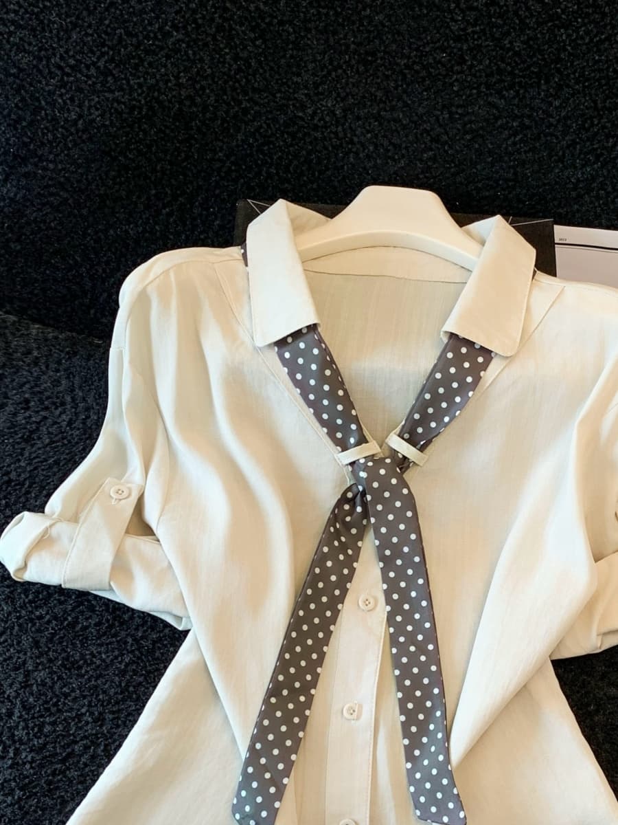 실사 도트 무늬 스카프 POLO 칼라 반팔 긍정적 인 어깨 여성 셔츠 여름 새로운 한 부서 세련된 루즈핏 고유 한 맨위 상세 이미지 11