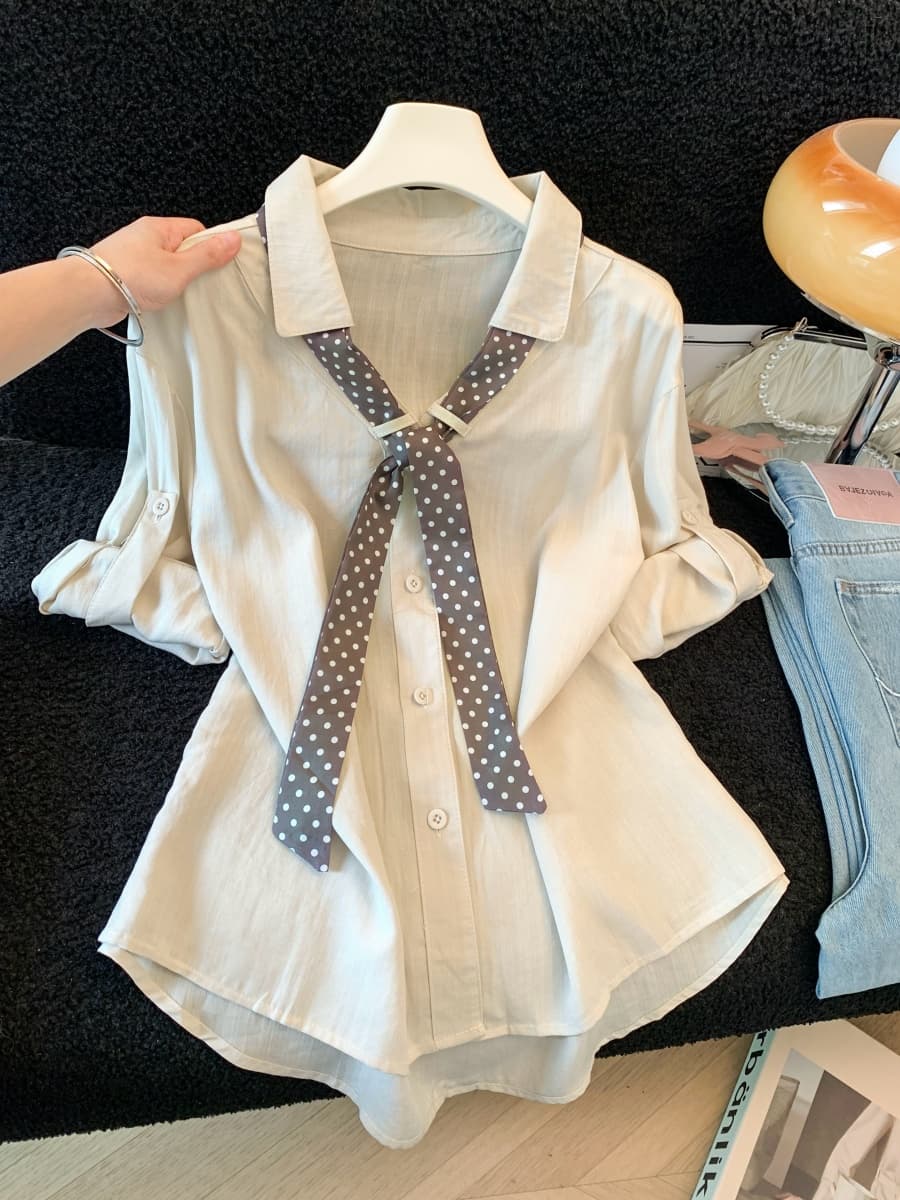 실사 도트 무늬 스카프 POLO 칼라 반팔 긍정적 인 어깨 여성 셔츠 여름 새로운 한 부서 세련된 루즈핏 고유 한 맨위 상세 이미지 14