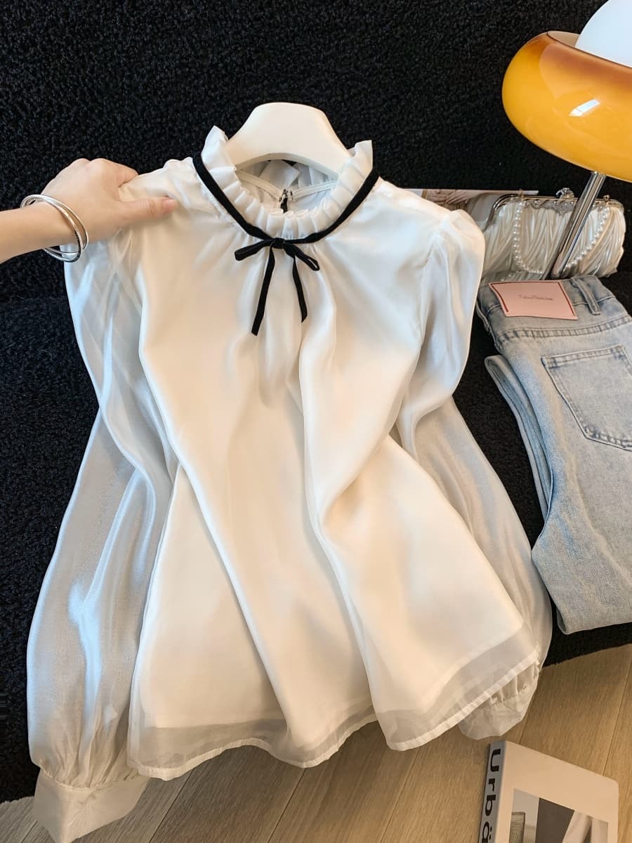 실사 가을 새로운 나비 매듭 프릴 스탠드 칼라 만나는 쉬폰 여성 셔츠 루즈핏 버블 긴팔 맨위 상세 이미지 6