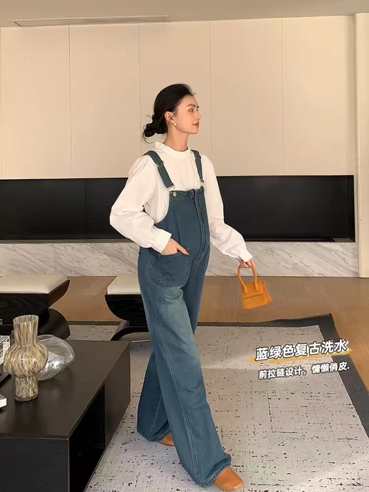 출산 착용 가을 2026 새로운 패션 임산부 지퍼 멜빵 바지 패션 임산부 데님 멜빵 바지 상세 이미지 2