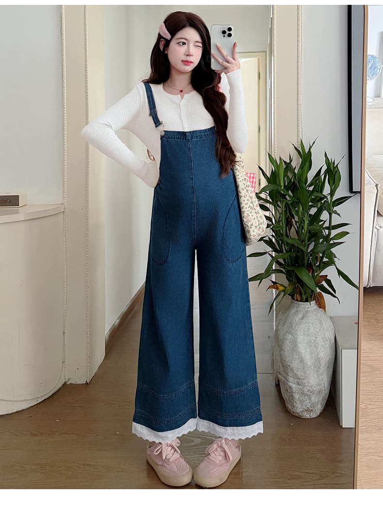 실사 2026 봄 새로운 레이스 측면 양성 및 음성 둘 착용 임산부 멜빵 바지 니트 오픈 가디건 세트 상세 이미지 26